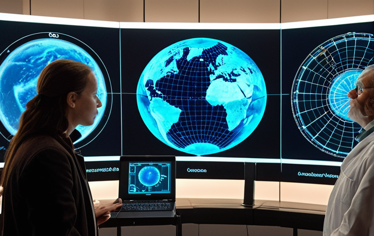 **Prompt:** A visually rich scene illustrating the "Earth's language being deciphered." Show a diverse team of geoscientists and paleoclimatologists in a high-tech research environment, surrounded by holographic displays of ancient data sources like ice core samples revealing historical CO2 levels, and tree rings. Simultaneously, integrate modern tools such as satellite imagery of global weather patterns and oceanic currents. The overall aesthetic should convey the immense complexity of Earth's interconnected systems (atmosphere, oceans, ice, land) being understood through a blend of historical context and cutting-edge data analysis. Emphasize discovery, interconnectedness, and the deep time perspective.