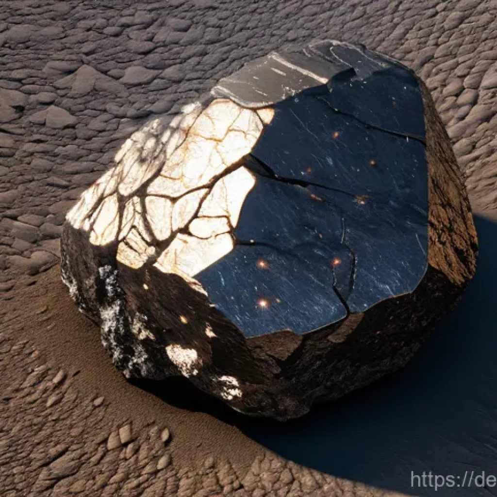 지구과학과 운석 충돌 - **Prompt:** A hyper-realistic, high-resolution close-up of a freshly discovered, medium-sized stony ...