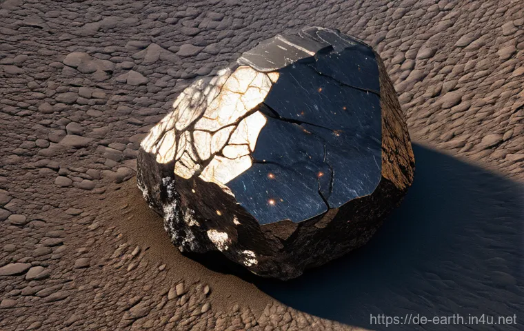 지구과학과 운석 충돌 - **Prompt:** A hyper-realistic, high-resolution close-up of a freshly discovered, medium-sized stony ...