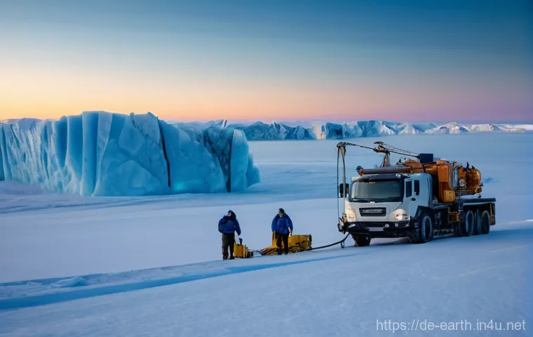 지구과학 연구 동향 - **Prompt:** A group of dedicated geoscientists, warmly dressed in expedition gear, meticulously work...