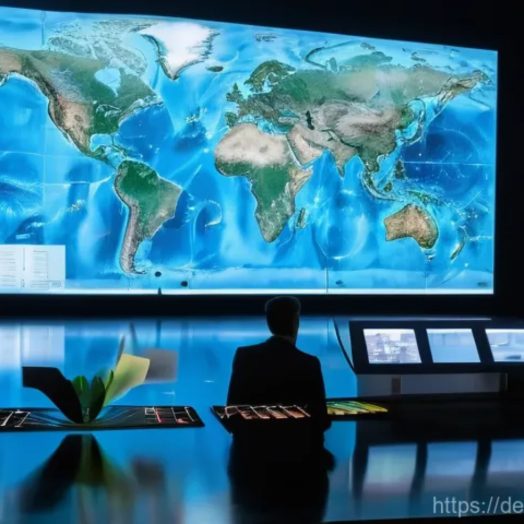 지구과학 데이터 분석 - A highly detailed, wide-angle shot of a bright, futuristic geosciences lab. A diverse team of scient...