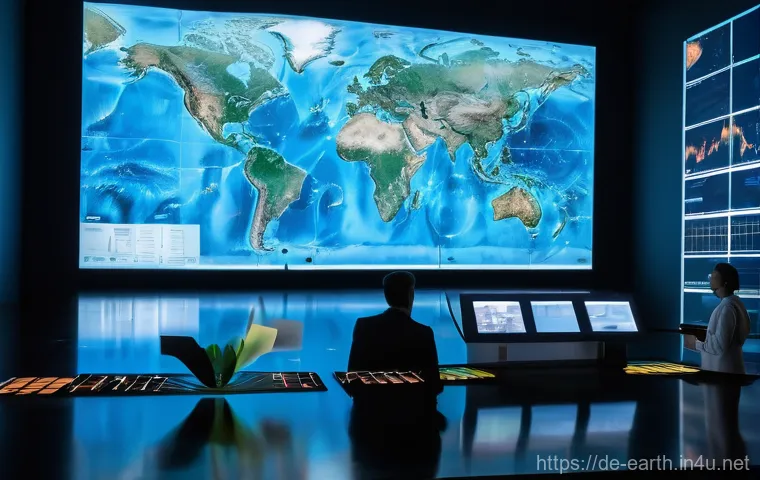 지구과학 데이터 분석 - A highly detailed, wide-angle shot of a bright, futuristic geosciences lab. A diverse team of scient...