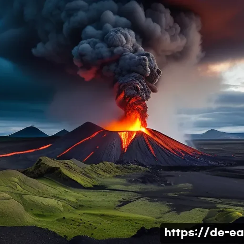 지구과학과 환경 과학 - A dramatic landscape scene showing an erupting volcano in Iceland with thick ash clouds and glowing ...