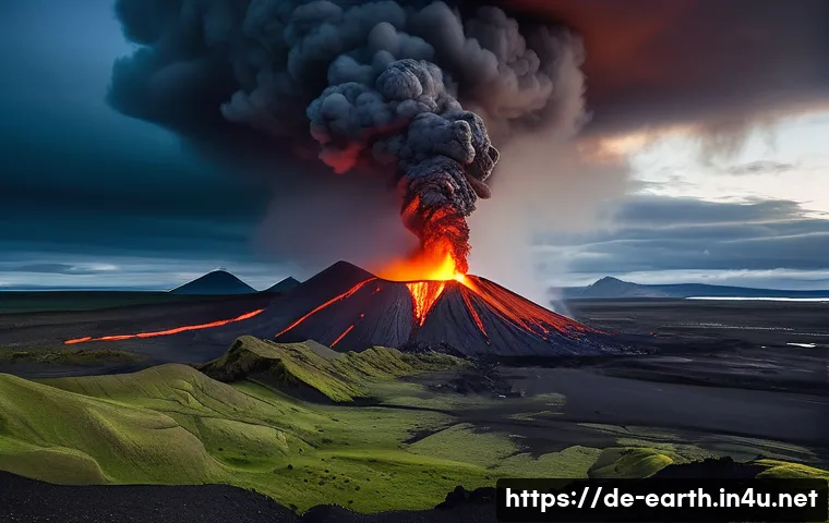 지구과학과 환경 과학 - A dramatic landscape scene showing an erupting volcano in Iceland with thick ash clouds and glowing ...