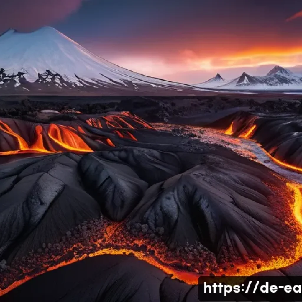 지구과학과 마그마 활동 - A dramatic volcanic landscape in Iceland during a gentle basaltic lava flow at dusk, showcasing smoo...