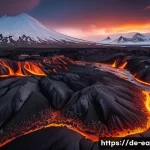 지구과학과 마그마 활동 - A dramatic volcanic landscape in Iceland during a gentle basaltic lava flow at dusk, showcasing smoo...