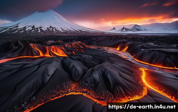 지구과학과 마그마 활동 - A dramatic volcanic landscape in Iceland during a gentle basaltic lava flow at dusk, showcasing smoo...