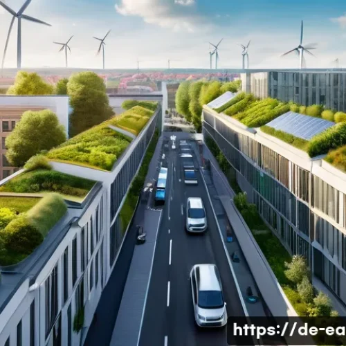 지구과학과 기후 정책 연구 - A detailed aerial view of a modern German city implementing sustainable urban development: smart tra...