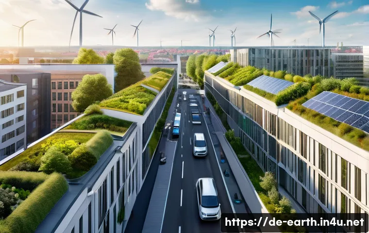 지구과학과 기후 정책 연구 - A detailed aerial view of a modern German city implementing sustainable urban development: smart tra...