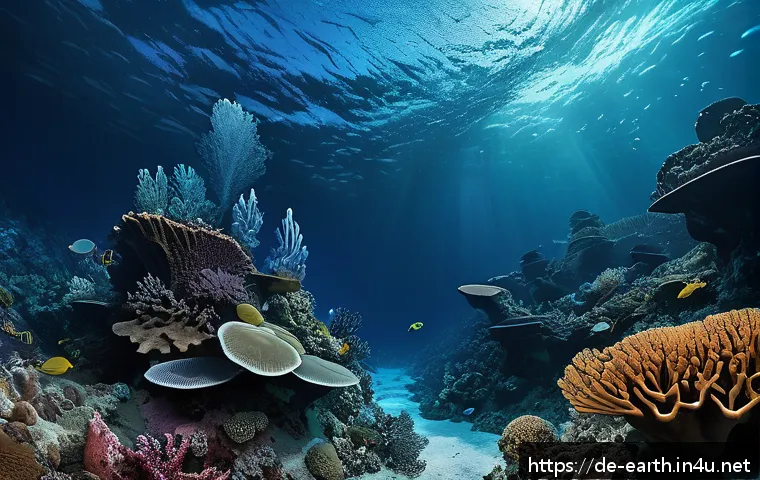 지구과학과 해양 지형 연구 - A highly detailed underwater scene depicting the diverse topography of the ocean floor near the Mari...