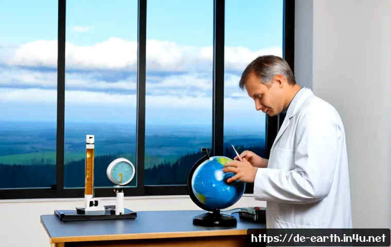 지구과학과 오존 연구 - Photorealistic Earth science laboratory in Germany, a focused middle-aged atmospheric researcher in ...